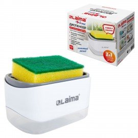 Диспенсер/дозатор для моющего средства, органайзер + губка, БЕЛЫЙ, 14,5х9х10см, LAIMA HOME, 700041