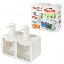 Дозатор DOUBLE для мыла/геля и моющего средства/шампуня, 2х350мл, органайзер для губок и щеток, БЕЛЫЙ, 10х18х17см, LAIMA HOME, 700044