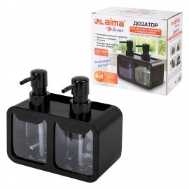 Дозатор DOUBLE для мыла/геля и моющего средства/шампуня, 2х350мл, органайзер для губок и щеток, ЧЕРНЫЙ, 10х18х17см, LAIMA HOME, 700045