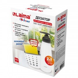 Дозатор для моющего средства, органайзер кухонный + губка, БЕЛЫЙ, 8х20х16см, LAIMA HOME, 700048