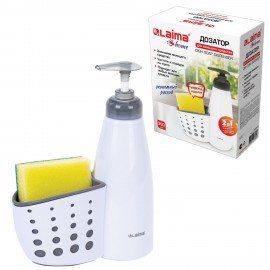 Дозатор для моющего средства, органайзер кухонный + губка, БЕЛЫЙ, 8х20х16см, LAIMA HOME, 700048
