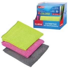 Салфетки из МИКРОФИБРЫ универсальные, 30х30см, КОМПЛЕКТ 3шт, ассорти (розовый, зеленый, серый), 180 г/м2, LAIMA, 700054