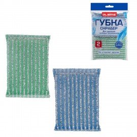 Губка скрабер 13 х 8,5 х 1,5 см поролон + абразивная оплетка КОМПЛЕКТ 2 штуки, посуда, уборка, LAIMA, 700057