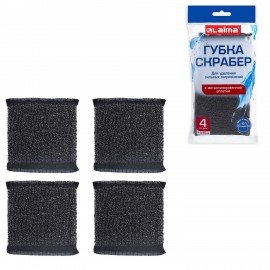 Губка скрабер 11 х 10 х 1,5 см поролон + металлическая оплетка КОМПЛЕКТ 4 штуки, посуда, уборка, LAIMA, 700059