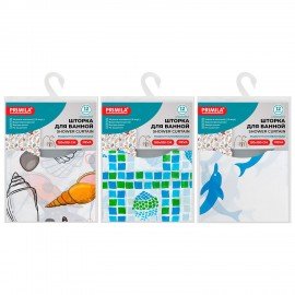 Шторка для ванной PEVA, 180х180см, кольца в комплекте, 3 дизайна ассорти, МОРЕ, PRIMILA, 700074