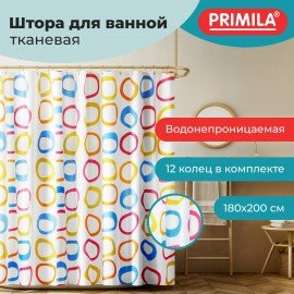 Шторка для ванной ПОЛИЭСТЕР, 180х200см, кольца в комплекте, КРУГИ, PRIMILA, 700086