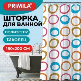 Шторка для ванной ПОЛИЭСТЕР, 180х200см, кольца в комплекте, КРУГИ, PRIMILA, 700086