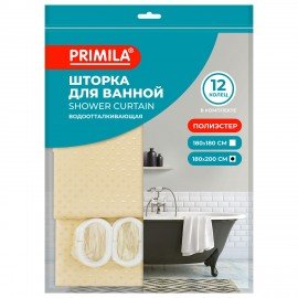 Шторка для ванной ПОЛИЭСТЕР, 180х200см, кольца в комплекте, БЕЖЕВЫЙ БРИЛЛИАНТ, PRIMILA, 700095