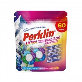 Капсулы для стирки белья PERKLIN (ПЕРКЛИН) "АЛЬПИЙСКАЯ СВЕЖЕСТЬ" концентрат 5 в 1 с кондиционером 60 шт., 700132
