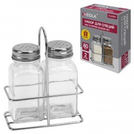 Набор для специй 2*80 мл, CLASSIC, солонка+перечница на подставке, стекло/сталь, WEGLA (ВЕГЛА), 700227