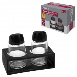 Набор для специй 2*60 мл, BASIC, подставка+солонка+перечница, стекло/пластик, черный, WEGLA (ВЕГЛА), 700232