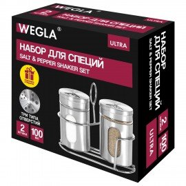 Набор для специй 2*100 мл, ULTRA, подставка+солонка+перечница, 3 типа отверстий, WEGLA (ВЕГЛА), 700235