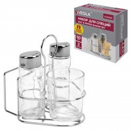Набор для специй 2*50 мл, CLASSIC, салфетница+соль+перец+стакан под зубочистки, WEGLA (ВЕГЛА), 700236