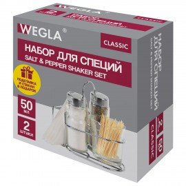 Набор для специй 2*50 мл, CLASSIC, салфетница+соль+перец+стакан под зубочистки, WEGLA (ВЕГЛА), 700236