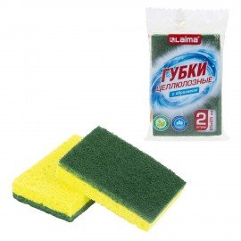 Губки для посуды 95 x 65 х 20 мм ЦЕЛЛЮЛОЗНЫЕ + АБРАЗИВ КОМПЛЕКТ 2 штуки желтые/зеленый абразив, LAIMA, 700256