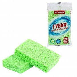 Губки для посуды 110 х 70 х 20 мм ЦЕЛЛЮЛОЗНЫЕ, КОМПЛЕКТ 2 штуки, зеленые, LAIMA, 700257