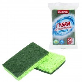 Губки для посуды 110 х 70 х 20 мм ЦЕЛЛЮЛОЗНЫЕ + АБРАЗИВ КОМПЛЕКТ 2 штуки, зеленые/зеленый абразив, LAIMA, 700258