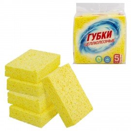 Губки для посуды 110 х 70 х 20 мм ЦЕЛЛЮЛОЗНЫЕ, КОМПЛЕКТ 5 штук, желтые, LAIMA, 700259