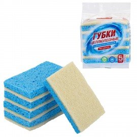 Губки для посуды 110 х 70 х 23 мм ЦЕЛЛЮЛОЗНЫЕ + АБРАЗИВ КОМПЛЕКТ 5 штук синий/белый абразив, LAIMA, 700260