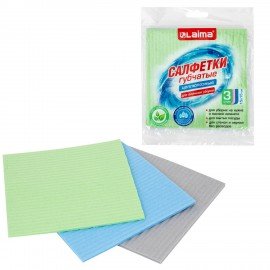 Салфетки губчатые для уборки кухни 15 х 15 см ЦЕЛЛЮЛОЗНЫЕ, КОМПЛЕКТ 3 штуки, цветные, LAIMA, 700262