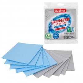 Салфетки губчатые для уборки кухни 15 х 15 см ЦЕЛЛЮЛОЗНЫЕ, КОМПЛЕКТ 10 штук, цвет: серый/голубой, LAIMA, 700263