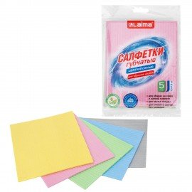 Салфетки губчатые для уборки кухни 15*18см ЦЕЛЛЮЛОЗНЫЕ, КОМПЛЕКТ 5шт, цветные, LAIMA, 700267