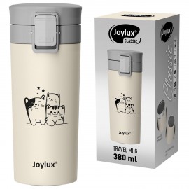 Термокружка 380 мл JOYLUX CLASSIC CAT, нержавеющая сталь SUS304, бежевый с принтом, 700272