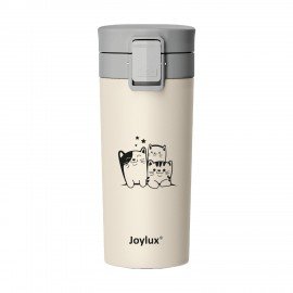 Термокружка 380 мл JOYLUX CLASSIC CAT, нержавеющая сталь SUS304, бежевый с принтом, 700272