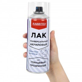 Лак-спрей акриловый универсальный глянцевый 520 мл, нетто-вес 265 грамм, RABBITEX, 700304