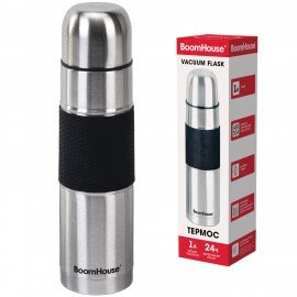 Термос 1л CLASSIC, нержавеющая сталь SUS304, черный силиконовый рукав, крышка/кружка, BOOMHOUSE (БумХаус), 700308