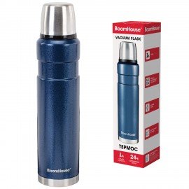 Термос 1л DARKBLUE, нержавеющая сталь SUS304, молотковая эмаль, крышка/кружка, синий, BOOMHOUSE (БумХаус), 700310