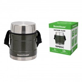 Термос 1л RIBBED, для еды/напитков с широким горлом, контейнер, нержавеющая сталь SUS304, ремешок, оливковый, BOOMHOUSE (БумХаус), 700322