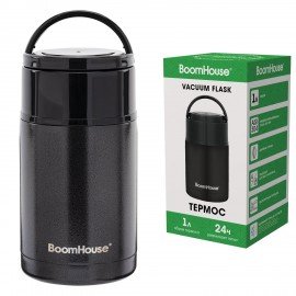 Термос 1л LUNCH, для еды/напитков с широким горлом, нержавеющая сталь SUS304, черный, BOOMHOUSE (БумХаус), 700327