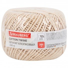 Шпагат хлопковый для прошивки документов, вязания, макраме, длина 200 м диаметр 2 мм, BRAUBERG, 700363