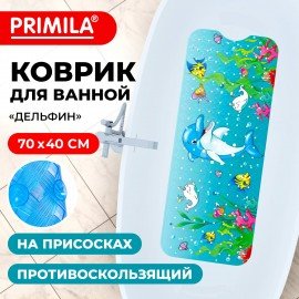 Коврик для ванны противоскользящий 70х40см с печатью "Дельфин", ПВХ, присоски, PRIMILA, 700370