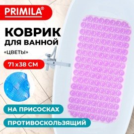 Коврик для ванны противоскользящий 71х38см, массажный, "Цветы", прозрачно-фиолетовый, ПВХ, PRIMILA, 700373