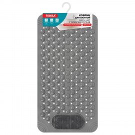 Коврик для ванны противоскользящий с теркой для ступней 68х36см, серый, ПВХ, присоски, PRIMILA, 700389