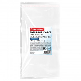 Пакеты БОПП с клеевым клапаном КОМПЛЕКТ 100 штук, 10 х 15 + 4 см, 25 мкм с усиленным швом, BRAUBERG, 700405