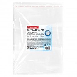 Пакеты БОПП с клеевым клапаном КОМПЛЕКТ 100 штук, 20 х 25 + 4 см, 30 мкм с усиленным швом, BRAUBERG, 700407