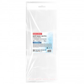 Пакеты БОПП с европодвесом, клеевым клапаном КОМПЛЕКТ 100 штук 13 х27 + 3 + 4 см белая подложка, BRAUBERG, 700415