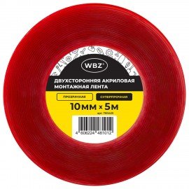 Монтажная прозрачная суперпрочная двухсторонняя лента 10 мм х 5 м, акриловая, толщина 1 мм, WBZ, 700423