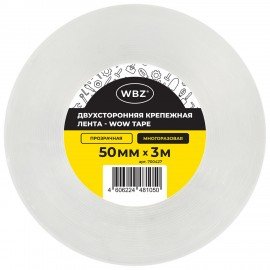 Многоразовая двухсторонняя прозрачная крепежная лента Скотч NANO tape 3 м x 5 см, толщина 1 мм, WBZ, 700427