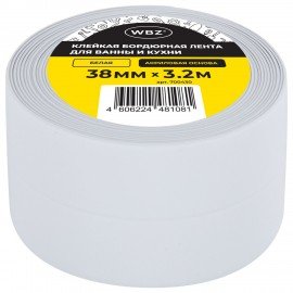 Клейкая лента бордюрная для ванны и кухни 38 мм х 3,2 м, белая, акриловая основа, WBZ, 700430