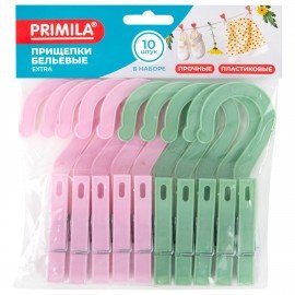 Прищепки бельевые с крючком 13 см, КОМПЛЕКТ 10 штук, пластик, ассорти, PRIMILA EXTRA, 700519