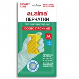 Перчатки МНОГОРАЗОВЫЕ латексные с АРОМАТОМ АЛОЭ, хлопковое напыление, ОСОБО ПРОЧНЫЕ, размер 7-8, M (средний), зеленые, LAIMA, 700545