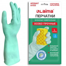 Перчатки МНОГОРАЗОВЫЕ латексные с АРОМАТОМ АЛОЭ, хлопковое напыление, ОСОБО ПРОЧНЫЕ, размер 8-9, L (большой), зеленые, LAIMA, 700546