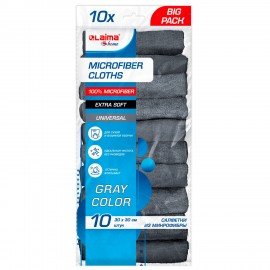 Салфетки из МИКРОФИБРЫ 30 х 30 см, GRAY, big pack, КОМПЛЕКТ 10 штук, 180 г/м2, LAIMA HOME, 700609