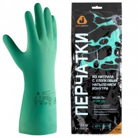 Перчатки нитриловые КЩС JETA SAFETY, хлопчатобумажное напыление, размер 10 (XL), зеленые, JN711, JN711-10-XL