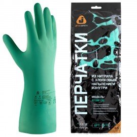 Перчатки нитриловые КЩС JETA SAFETY, хлопчатобумажное напыление, размер 9 (L), зеленые, JN711, JN711-09-L