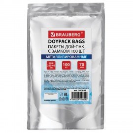 Пакеты Дой-Пак с замком ZIP LOCK, металлизированная + прозрачная стенка 120 х 200 + 40 мм, 100 штук, 70 мкм BRAUBERG, 700683